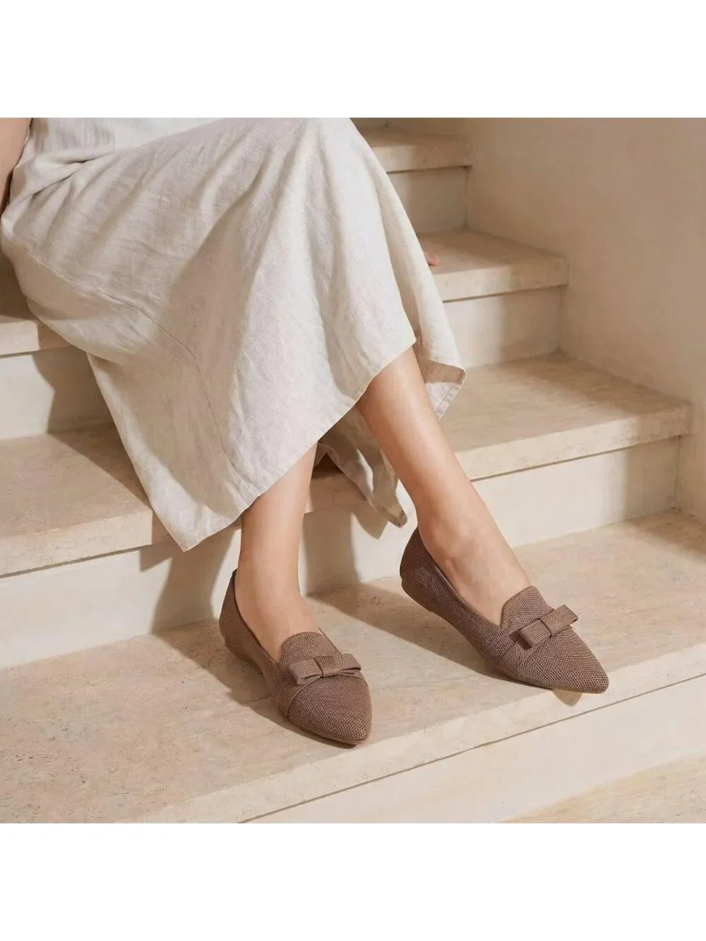 Women's Coffee Comfortable Knit Casual Pointed Toe Ballet Flats with Bow Shoes